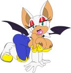  1girl 1girl anthro areola bat big_breasts blue_eyes breasts cleavage clothed clothing erect_nipples frontierbrain hair high_res mammal nipple_bulge nipples rouge_the_bat sega simple_background white_background white_hair 