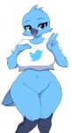  1girl 2019 anthro avian beak big_breasts bird blue_body blue_eyes blue_feathers bottomless breasts clothed clothing curvy_figure digital_media_(artwork) feathers gesture looking_at_viewer meme navel non-mammal_breasts open_beak open_mouth pinkcappachino simple_background thick_thighs tweetfur twitter v v_sign voluptuous white_background wide_hips 