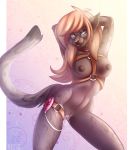  1girl 1girl 2016 anthro areola armpits breasts cat cum eyewear feline furry glasses green_eyes looking_at_viewer mammal midriff navel nipples pussy sex_toy simple_background standing tlt_echelon vibrator wide_hips 