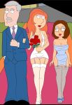  1boy 2girls big_breasts breasts brown_hair cameltoe carter_pewterschmidt cleavage crocsxtoons daughter dress erect_nipples family_guy father flowers glasses grey_hair lipstick lois_griffin meg_griffin milf mother_and_daughter nipples nipples_visible_through_clothing red_hair wedding wedding_dress 