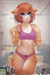1girl 2016 anthro bathroom blue_eyes bow_panties bra breasts cat clothed clothing detailed_background english_text feline female_only freckles front_view fur furry furry_only hair iskra looking_at_viewer mammal navel panties red_hair reflection short_hair skimpy small_breasts soap solo_female striped_fur stripes tabby_cat text toothbrush underwear vera_(iskra) web_address web_address_with_path