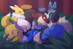  2016 2girls anthro anthrofied areola ass big_breasts big_testicles blush breasts canine digimon forest fox fur furry group herm highres hyper hyper_penis impaledwolf intersex male mammal mega_evolution mega_lucario multiple_girls nintendo nipples outside paizuri penis pokemon renamon sex sitting speech_bubble teasing testicles thick_thighs threesome tree video_games wide_ass wide_hips 