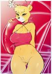  1girl anthro avante92 bear black_nose blush bottomless breasts choker clitoris clothed clothing float floral_rugg flower furry gradient_background hanna*barbera hanna-barbera hat lifebuoy looking_at_viewer mammal muzzle navel plant pussy shirt signature skimpy smile the_hillbilly_bears top ursid wide_hips yellow_fur 