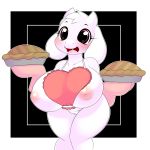  1girl 2016 anthro apron areola big_breasts blush boss_monster breasts caprine clothed clothing eyelashes fangs food fur furry goat highres holding_food holding_object horn huge_breasts inverted_nipples kloudmutt long_ears mammal naked_apron nipples open_mouth oven_mitts pie pussy tongue toriel undertale video_games white_fur 