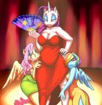  1girl 2015 2016 anthro anthrofied bare_shoulders beauty_mark breasts choker cleavage clothed clothing cutie_mark dress ear_piercing equine eyeshadow feathered_wings feathers fluttershy friendship_is_magic furry glacierclear group hair hair_over_eye half-closed_eyes hand_fan hand_on_hip hands_on_hips high_res holding_object horn huebris inner_ear_fluff inside kneel long_hair looking_at_viewer makeup mammal my_little_pony pegasus piercing rainbow_dash rarity_(mlp) seductive short_hair simple_background slightly_chubby standing unicorn wide_hips wings 