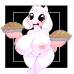  1girl 2016 anthro areola big_breasts blush boss_monster breasts caprine eyelashes fangs food fur furry goat high_res holding_food holding_object horn huge_breasts inverted_nipples kloudmutt long_ears mammal nipples nude open_mouth oven_mitts pie pussy tongue toriel undertale video_games white_fur 