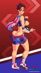 ass big_ass big_breasts booty_shorts breasts british_flag brown_eyes brown_hair cape erect_nipples flag glasses jay-marvel looking_at_viewer looking_back nipples overwatch smile sweat tease tracer_(overwatch) union_jack
