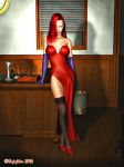  3d breasts disney dress hair_over_one_eye high_heels hojojitsu jessica_rabbit looking_at_viewer on_desk stockings who_framed_roger_rabbit 