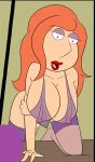  breasts crocsxtoons_(artist) family_guy hair_down huge_breasts kneel lipstick lois_griffin make_up negligee nipples on_bed open_mouth see_through semi_nude stockings 