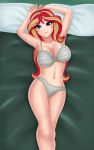  1girl big_breasts bra breasts cleavage equestria_girls eyebrows_visible_through_hair female female_only friendship_is_magic humanized long_hair looking_at_viewer lying mostly_nude my_little_pony panties solo sunset_shimmer sunset_shimmer_(eg) two-tone_hair underwear 