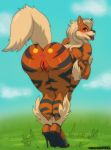  1girl 2015 anthro anthrofied anus arcanine areola ass big_ass big_breasts big_butt blush breasts butt clothing cloud dat_ass erect_nipples footwear fur furry grass heels high_heels looking_at_viewer looking_back mostly_nude nintendo nipples orange-peel orange_eyes orange_fur pokemon pokemorph presenting presenting_hindquarters pussy rear_view shoes sky stripes sweat thick thick_ass thick_thighs tongue tongue_out vagina video_games wide_hips 