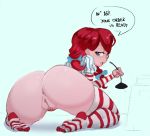 1girl anus ass bard-bot big_ass feet huge_ass presenting_hindquarters pubic_hair pussy simple_background speech_bubble stockings striped_legwear text wendy&#039;s wendy_(wendy&#039;s)