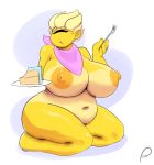  1girl bbw big_breasts blonde_hair breasts cake closed_eye cyclops eating food fork monster napkin nipples nude shiny shiny_skin short_hair smile tan tan_line white_background wide_hips 