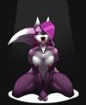  1girl 1girl anthro breasts canine fox fur furry hair half-closed_eyes looking_at_viewer mammal multicolored_fur nipples open_mouth pink_fur pink_hair pussy rachel_gates saliva spazman tongue tongue_out two_tone_fur white_fur 