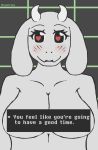  1girl 2016 anthro big_breasts blush boss_monster breasts caprine fur furry goat heart heart-shaped_pupils highres long_ears mammal milque_creme simple_background text toriel undertale video_games white_fur 