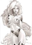  1girl 1girl 1girl 2017 absurdly_long_hair arms_behind_back big_breasts bra breasts dated dc_comics dc_comics ed_benes_studio eyeshadow female_only huge_breasts lipstick long_hair looking_at_viewer makeup mascara monochrome panties pauldron pinup rubismar_da_costa signature simple_background sleeves smile standing starfire stockings superheroine teen_titans thong traditional_media underwear very_long_hair white_background 