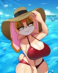  1girl 4:5 anthro beach big_breasts bikini breasts bunny_girl cleavage clothed clothing curvy_figure detailed_background eyelashes female female_only furry hair half-closed_eyes hat headgear headwear high_res huge_breasts kappa_spark lagomorph leporid lipstick long_ears looking_at_viewer mammal mature mature_female milf navel ocean orange_hair rabbit red_swimsuit seductive seductive_eyes seductive_gaze seductive_look seductive_smile sega sexy sexy_body sexy_breasts short_hair smile solo solo_female sonic_(series) sonic_the_hedgehog_(series) standing sun_hat swimsuit swimwear tail thick_thighs vanilla_the_rabbit voluptuous water wet wet_skin wide_hips yellow_eyes 