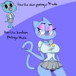  1girl 1girl anthro blue_fur breasts cartoon_network cat cleavage clothed clothing feline flutteringpie fur furry looking_back mammal mature_female milf navel nicole_watterson panties parent skirt the_amazing_world_of_gumball underwear 