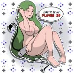 background demon_tail english_text feet full_color green_eyes green_hair green_lips green_lipstick high_resolution isaac-grim legs_bent lipstick makeup nipples nude one_eye_closed open_mouth pale_skin sage_rosemary_(character) smile snes_controller speech_bubble tail text toes transparent_background very_high_resolution