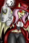  1girl 2015 absurd_res alucard_(hellsing) anthro bat bat_pony bat_wings belt clothed clothing crossover english_text equine eyewear fierce_wendigo_(artist) flutterbat_(mlp) fluttershy_(mlp) friendship_is_magic furry glasses glowing glowing_eyes group gun hat high_res mammal membranous_wings moon my_little_pony navel open_mouth pants ranged_weapon ribbons signature smoke solo_focus teeth text tongue weapon wings 