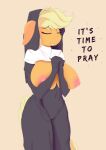  1girl 1girl absurd_res anthro applejack_(mlp) big_breasts breasts closed_eyes drawalaverr earth_pony equid equine friendship_is_magic furry hasbro high_res horse jewelry mammal my_little_pony necklace nun pony praying simple_background text 