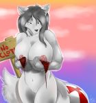  1girl anthro big_breasts blush breasts canine elicia3 fluffy_tail fox fur furry green_eyes grey_hair hair huge_breasts looking_at_viewer mammal nipples pussy white_fur 
