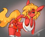  1girl anthro armpits black_sclera blonde_hair canine cinnamon_swirl clothed clothing duckdraw eeveelution fingerless_gloves flareon flat_chested fluffy_tail furry gloves hair nintendo nipples pokemon pubic_hair shirt shorts simple_background video_games wide_hips 