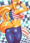 1girl abstract_background amakuchi american_flag_print american_flag_shirt anthro ass big_breasts breasts canine clothing fox foxy-rena furry hand_on_head jeans kemono looking_back mammal midriff nipple_bulge pants shirt stars_and_stripes tank_top united_states_of_america whiskers wide_hips 