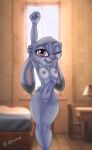  1girl 2016 anthro armpits bed bedroom breasts disney furry judy_hopps kb-unlimited lagomorph lamp looking_at_viewer mammal navel nipples nude one_eye_closed open_mouth pussy rabbit stretching window wink zootopia 