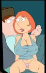  bed breasts crocsxtoons_(artist) crotch family_guy huge_breasts legs lingerie lois_griffin nipples panties peter_griffin spread_legs 
