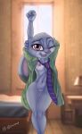  1girl 1girl 2016 anthro bed bedroom breasts buckteeth clothed clothing disney furry high_res judy_hopps kb-unlimited lagomorph lamp long_ears looking_at_viewer mammal navel neck_tie nipples one_eye_closed open_mouth open_shirt open_smile pussy rabbit raised_arm shirt smile stretching teeth thick_thighs thigh_gap window wink zootopia 