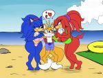  1girl absurd_res anthro big_breasts bikini blush breasts canine clothing crossgender echidna fox furry group hairband heart hedgehog highres knuckles_the_echidna male mammal michiyoshi miles_&quot;tails&quot;_prower mobian_(species) monotreme multi_tail sega sonic_the_hedgehog soulteam swimsuit wide_hips 