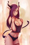  1girl 1girl big_breasts biting breasts carlos_eduardo demon_girl female_only high_resolution horns lip_biting long_ears looking_at_viewer no_bra panties shirt_pull succubus tail tank_top tattoo underwear undressing very_high_resolution yellow_eyes 
