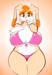  1girl anthro averyshadydolphin big_breasts bikini breasts cleavage clothed clothing front_view furry hair hand_on_breast high_res looking_at_viewer milf orange_hair partially_clothed sega simple_background sonic_(series) swimsuit thick_thighs vanilla_the_rabbit voluptuous wide_hips 