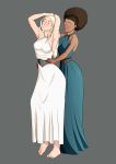 2_girls a_song_of_ice_and_fire afro arm armpits arms arms_up art bare_arms bare_shoulders barefoot big_breasts blue_dress blush breasts brown_hair closed_eyes daenerys_targaryen dark_skin dress empty_eyes feet female_only full_body game_of_thrones grey_background hair hug_from_behind hugging interracial long_hair love mind_control missandei multiple_girls neck oo_sebastian_oo parted_lips short_hair simple_background smile standing teeth white_dress yuri