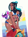  1_girl 1girl ambiguous_gender breasts dark-skinned_female dark_skin drednaw earrings exposed_breasts female female_human hoop_earrings impidimp long_hair nessa_(pokemon) open_mouth partially_clothed patreon_username pokemon shorts sleeveless sunglasses tongue_out 
