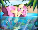  1girl animal_ears ass blue_eyes blush cute fluttershy friendship_is_magic long_hair looking_at_viewer looking_back my_little_pony pink_hair pussy smile tail water wings 