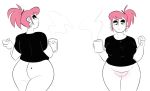 1girl ass bbw big_ass bottomless coffee cup donut earrings eating food hairless_pussy herny looking_back looking_down mole pussy roxy skull white_background wide_hips