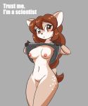  1girl 1girl 2016 5_fingers anthro areola black_fur black_nose blush bottomless breasts brown_eyes brown_hair cervine clothed clothing clothing_lift deer doe_(alfa995) english_text eyelashes fur furry grey_background hair long_hair looking_at_viewer mammal mostly_nude navel nipples open_mouth pussy shirt shirt_lift simple_background standing tan_fur text white_fur zedrin-butts 