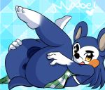  1girl abstract_background animal_crossing anthro anus apron ass blush bottomless clothed clothing edit furry hedgehog highres legs_up mabel_able mammal moneychan naked_apron nintendo presenting pussy text video_games 