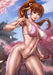 1girl abs alluring bangs bare_legs big_breasts bottomless bra breasts brown_eyes brown_hair cherry_blossms cleavage dandon_fuga dead_or_alive dual_wielding female_abs female_only high_resolution holding_knife holding_sword holding_weapon japanese_architecture kasumi kasumi_(doa) knife kunoichi looking_at_viewer naked_from_the_waist_down nipples pinup ponytail pussy smirk solo_female stockings sword tecmo thick_thighs thighs tied_hair toned toned_female very_high_resolution voluptuous weapon 