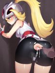  1_girl 1girl after_anal after_sex against_wall anal_creampie ass ass_grab bicycle_seat blonde blonde_hair clothed cum cum_in_anus cum_inside cum_leaking dripping_semen embarrassed female gaping_anus pokemon pokemon_character semen_in_anus shiny_skin shorts small_breasts spread_anus torn_clothes torn_shorts 