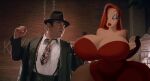  1boy breast_expansion butt_expansion disney earrings eddie_valiant gigantic_ass gigantic_breasts green_eyes jessica_rabbit kecomaster photoshop red_dress red_hair who_framed_roger_rabbit 