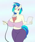 1girl anthro between_breasts breasts clothing cord cup drinking drinking_straw equine eyelashes furry gunpowdergreentea hair horn horse huge_breasts mammal my_little_pony my_little_pony:_friendship_is_magic paper pink_eyes pony unicorn vinyl_scratch_(mlp)