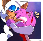  2014 2girls amy_rose anthro bat blush breasts cleavage clothed clothing duo female female_only furry hedgehog huge_breasts hugging mammal rouge_the_bat sega smile sonic_(series) supersonicrulaa yuri 