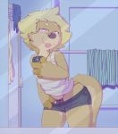  1girl anthro bathroom cellphone clothing front_view furry girly leaning leaning_forward looking_at_viewer male mammal midriff mirror mustelid naughty_face otter otto0ttsy otto_the_ott pants_pull panty_peek phone pinup pose selfpic shirt tank_top thick_thighs thong tight_clothing tongue tongue_out 