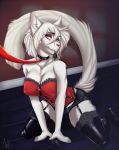  1girl aimi anthro cat clothed clothing collar feline fur furry leash lingerie looking_at_viewer mammal seductive skimpy whiskers white_fur 
