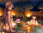  3_girls 3girls ahagon_umiko air_bubble arm_at_side ass bangs bathing blunt_bangs blush breasts brown_hair bucket clavicle cup double_bun eyebrows eyebrows_visible_through_hair floating_object from_behind green_eyes holding holding_cup hot_spring jug light-skinned_female light_skin long_hair looking_back medium_breasts multiple_girls new_game! night night_sky nighttime nipples nude onsen outside partially_submerged pink_hair plant pool poolside rock shigatsu_itsuka short_hair sidelocks sitting sky soaking_feet springs star_(sky) steam suzukaze_aoba takimoto_hifumi thick_eyebrows towel tree very_long_hair water wooden_bucket 
