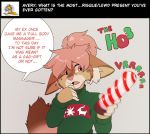 1girl 2015 anthro avery_(roanoak) christmas clothed clothing english_text feline furry hair holidays lynx male mammal original pink_eyes pink_hair pink_nose roanoak sex_toy sweater text