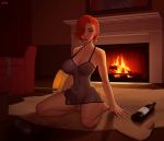 alcohol big_breasts bottle breasts fireplace futanari incase living_room nightgown penis red_hair redhead see-through